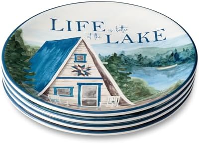Wake at the Lake 9-Inch Dessert Plates, Set of 4, Lakeside-Inspired Designs with Water Scenes & Cabins, Durable Ceramic, Dishwasher Safe, Charming Tableware for Desserts, Snacks & Appetizers - Image 2
