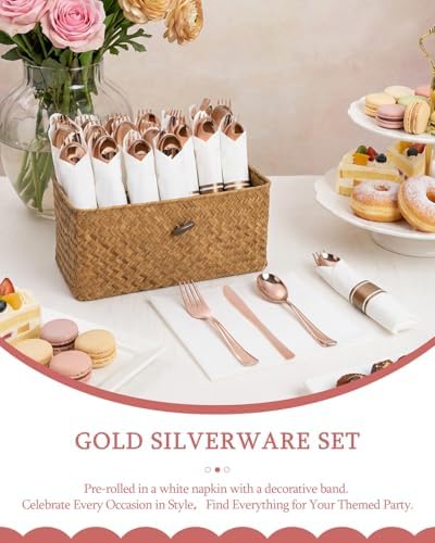 Supernal 60 Pack Rose Gold Plastic Silverware Cutlery Set with Napkin - Image 6