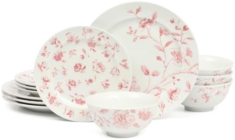 Martha Stewart Empress Bouquet 12-Piece Decorated Porcelain Chip and Scratch Resistant Dinnerware Plates and Bowls Set - Pink Floral by MarthaStewart