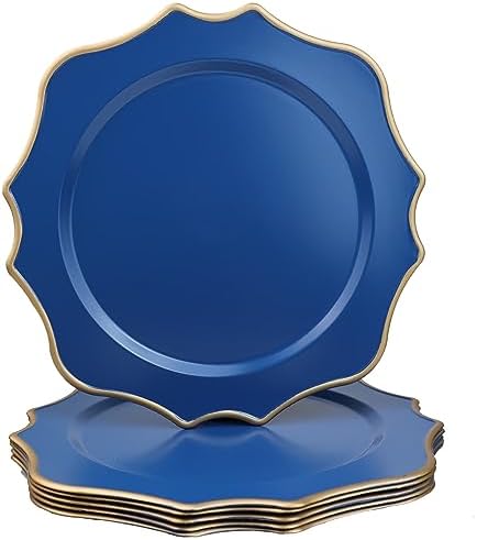 Blue Chargers for Dinner Plates, 13 Inch Scalloped Plastic Decorative Table Charge Service Plates Set of 6 for Wedding, Holiday, Thanksgivng, Christmas by Omuriko