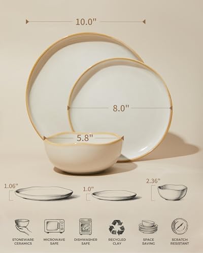 Pokini Stoneware Dinnerware Sets for 4, 12Pcs Ceramic Plates and Bowls Sets - Image 4
