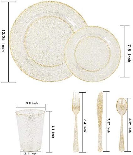 WELLIFE 300PCS Gold Glitter Plastic Plates, Gold Plastic Dinnerware Includes: 50 Dinner and 50 Dessert Plates, 150 Cutlery, 50 Cups for Party - Image 2
