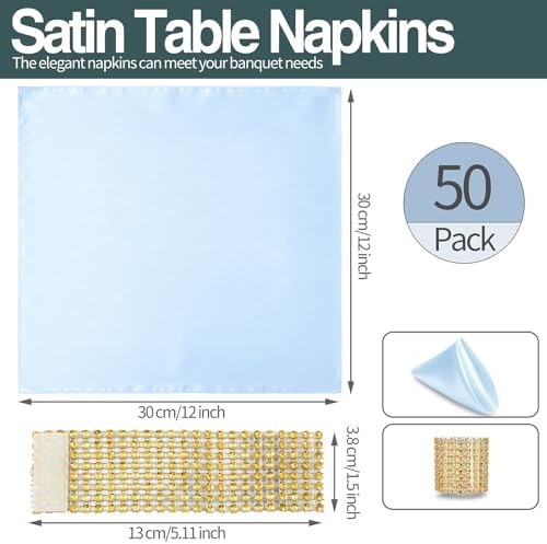 Light Blue Satin Napkins & Rings Set, 100 Pack, 12x12 Inch - Image 6