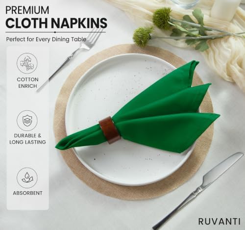 Ruvanti Cloth Napkins Set of 6, Cotton Enrich 18”x18” - Dark Green - Image 3