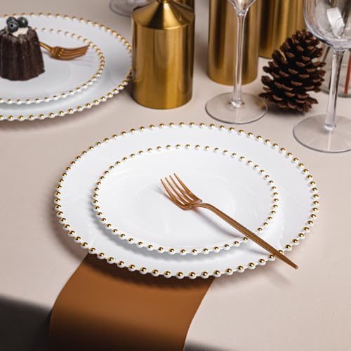HOMIP 50PCS Disposable White Plastic Plates with Gold Pearl-Beaded Rim - Image 4