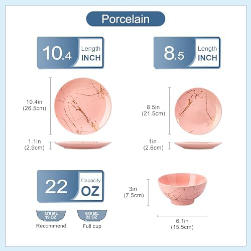 LOVECASA Pink Dinnerware Sets for 4, 12 Piece Porcelain Plates and Bowls Sets, Gold Splash Dish Set, Modern Ceramic Dinner Set, Dishwasher Microwave Safe - Image 2