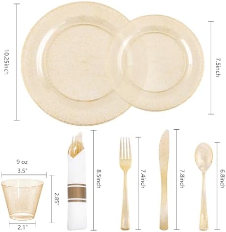 WELLIFE 210Pcs Gold Glitter Dinnerware Set, Gold Glitter Disposable Dinnerware for 30 Guests, Include: 30Dinner Plates, 30Dessert Plates, 90Gold Glitter Silverware, 30 Cups, 30 Paper Napkins - Image 2