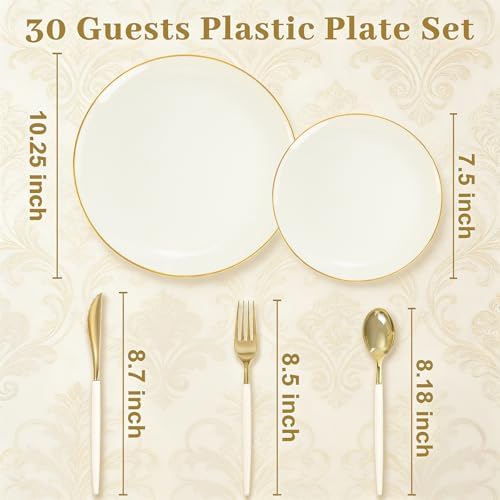 150Pcs Ivory Plastic Plates with Gold Rim,Disposable Plates with Silverware - Image 2