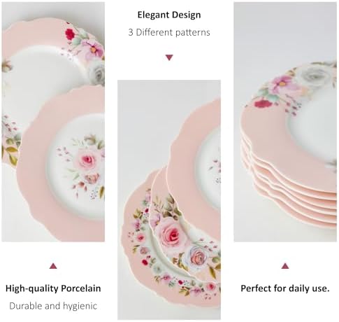8.25" Floral Porcelain Dessert Plates Set of 6, Pink Rose - Image 4