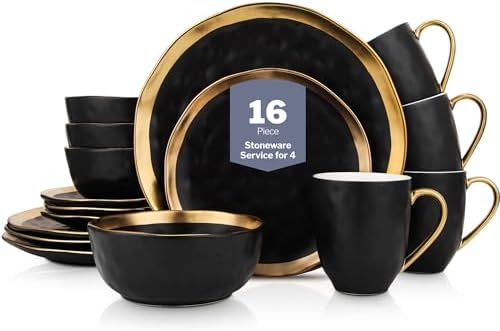 Stone Lain Florian Modern Porcelain 16 Piece Dinnerware Set, Plates and Bowls Set, Dish set for 4, Black And Golden Rim by Unknown