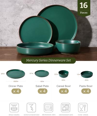 Famiware Mercury 16-Piece Dinnerware Set with Pasta Bowls, Dark Green - Image 2