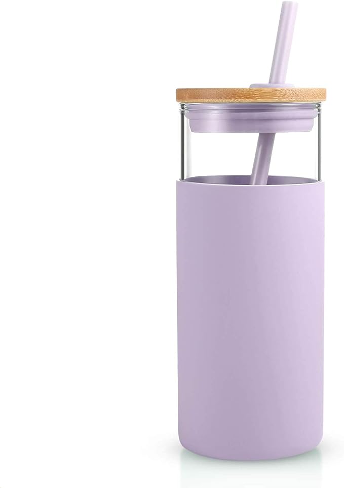 Tronco 20 oz Glass Tumbler with Lid and Straw, Iced Coffee Cup and Smoothie Cup with Bamboo Lids & Protective Silicone Sleeve, Dishwasher Safe, BPA-Free, Glass Cup 1 Pack