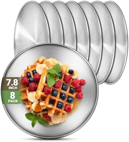 8 Stainless Steel Plates, 7.8 inch 304(18/8) Metal Camping Plate, Reusable Food Serving Dish Snack Eating Dishes Round Shatterproof Plate Silver Dinnerware for BBQ Dinner Oven Dishwasher Safe by Offiper