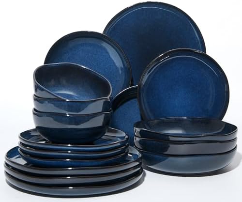 Pokini Plates and Bowls Sets, 16 Pieces Dinnerware Set for 4 with Pasta Bowls, Handmade Dishes Set, Chip Resistant Dishware Sets, Microwave Safe Dinner Set, Designed for Interactive Meals, Starry Blue by Pokini