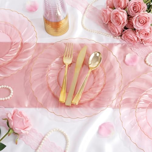 YOUBET 125Pieces Clear Pink Plastic Plates with Gold Rim - Gold Plastic Silverware Include 25 Dinner Plates 25 Dessert Plates 75 Golden Silverwares for Wedding Birthday & Parties Easter Mothers Day - Image 6