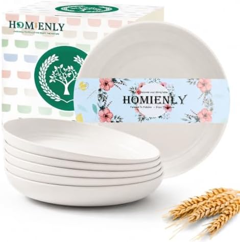 Homienly Unbeakable Deep Plates Wheat Straw Dessert Plates Set of 6 Lightweight 8 inch Kids Plate Set for Camping, Party, Microwave and Dishwasher Safe Plastic Plates for Bread & Butter, Snack (White) by HOMIENLY
