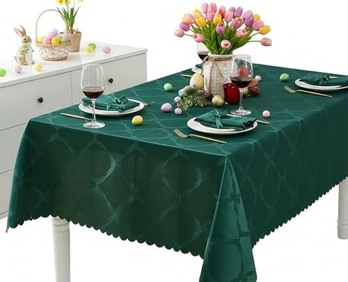 Newbridge Rectangle Tablecloth, 60 x 144 Inch, Ribbons and Bows Damask, Wrinkle and Stain Resistant Fabric Table Cloth, Holiday Evergreen - Image 6