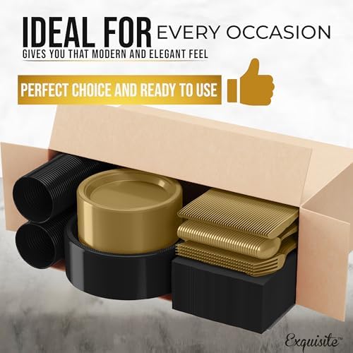 Exquisite 350 Pcs Black & Gold Plastic Plates for Party Black & Gold Disposable Plates Set 50 of Each 9 Dinner Plate Set 7 Dessert Plate Cups Napkins & Cutlery Plastic Dinnerware - Image 3