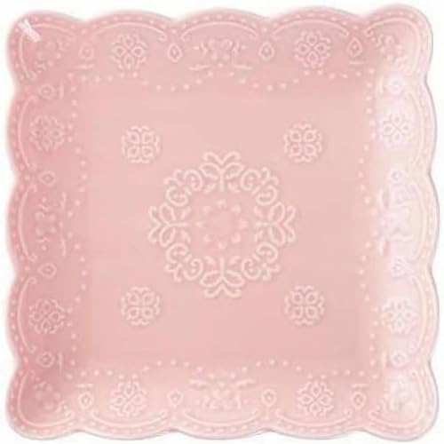 YBKTEX Ceramic Plate, Square Embossed Lace Plate (Pink, 6-inch) by YBK+Tech