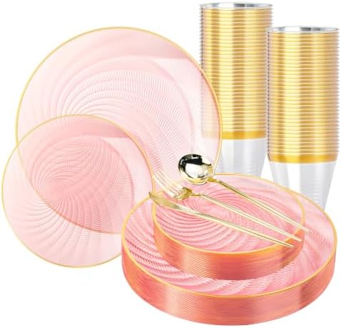 N9R 180PCS Pink and Gold Plastic Plates Disposable, Spiral Dinnerware Set by N9RTABLEWARE