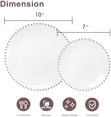 HOMIP 50PCS Disposable White Plastic Plates with Silver Pearl-Beaded Rim - Image 2
