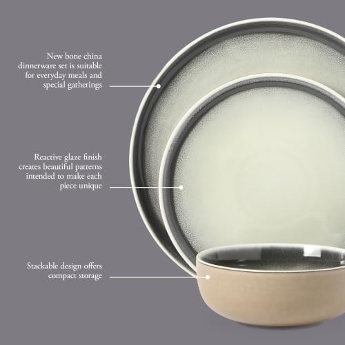 Gibson Elite Island Bay 12-Piece New Bone China Dinnerware Set Service for 4, Reactive Glaze Plates and Bowls, Dishwasher and Microwave Safe, Black and Cream - Image 3