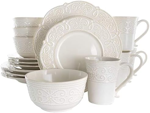 Elama Round Decorated Stoneware Scallop Embossed Dinnerware Dish Set, 16 Piece, Luna by Elama