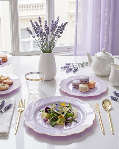 bUCLA 180PCS Purple Plastic Plates - Disposable Purple with Gold Rim, Include 30 Each (Dinner & Salad) Plates, 30 Knives, 30 Forks, 30 Spoons, 30Cups for Party, Shower & Birthday - Image 3
