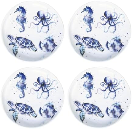UP Indigo Sea Life Melamine Round Dessert Plates, Small Serving Plates, for Appetizer, Snacks, and Side Dishes, Blue, 6 Inch, Set of 4 by UPware