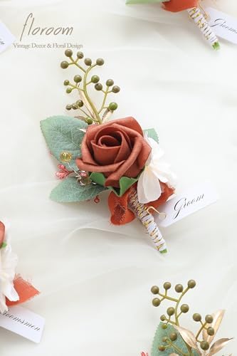Floroom Set of 6 Burnt Orange Terracotta Foam Rose Boutonnieres with Pins for Men Wedding for Groom Groomsmen Wedding Ceremonies Anniversaries Formal Dinners Parties Proms - Image 3