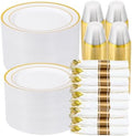 700 PCS Gold Plastic Dinnerware Set for 100 Guests, 200 DisposablePlates for Party, 100 Pre Rolled Napkins with Gold Silverware, 100 Cups by Realluck