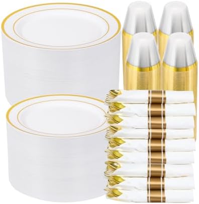 700 PCS Gold Plastic Dinnerware Set for 100 Guests, 200 DisposablePlates for Party, 100 Pre Rolled Napkins with Gold Silverware, 100 Cups by Realluck