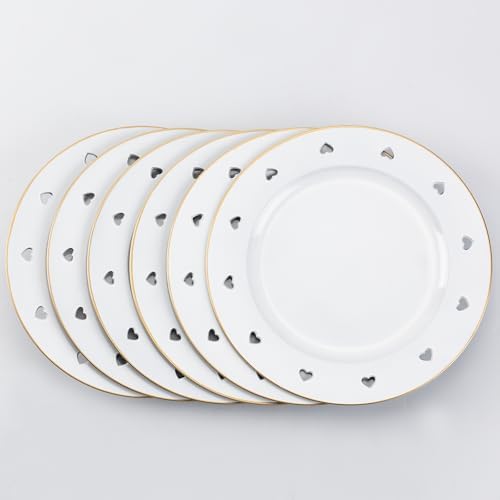13" Round White Charger Plates, Heart Hollow Chargers for Dinner Plates with Golden Border, Formal Table Setting Accessory Centerpiece Bluk Wedding, Valentine's Day, Galentine's Day, Easter Set of 6 - Image 2