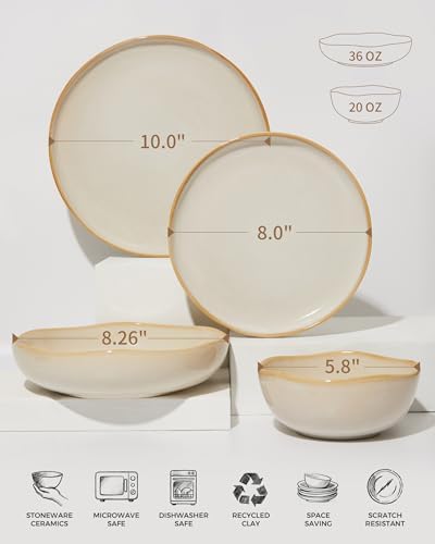 Pokini 24 Pieces Dinnerware Set for 6 with Pasta Bowls, Complete Ceramic Dish Set, Stackable & Glossy Stoneware Plate and Bowl Set for Effortless Everyday Hosting, Yellow White - Image 2