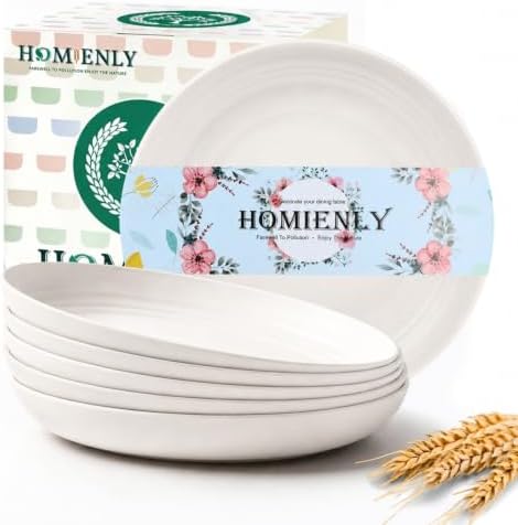 Homienly Wheat Straw Plates 9 inch Deep Dinner Plates 6 PCS Unbreakable Salad Plates for Kitchen, Camping, RV, Reusable Plastic Plates for Dessert, Bread & Butter Microwave and Dishwasher Safe (White) by HOMIENLY