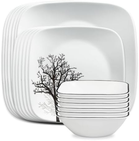 Corelle Vitrelle 18-Piece Service for 6 Dinnerware Set Triple Layer Glass and Chip Resistant, Lightweight Square Plates and Bowls Set, Timber Shadows by Corelle