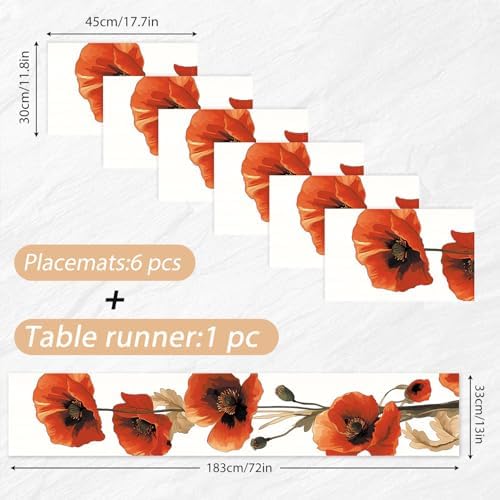 ANNA QUEEN Red Poppy Floral Table Runner and Placemats Set of 6, 13"x72" Table Runner with 12"x18" Washable Placemats, Bold Flower Dining Table Decor for 4 to 6 People Kitchen Decoration - Image 2