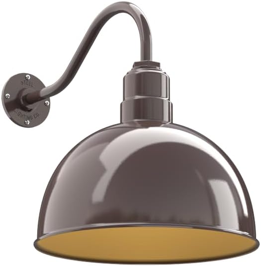 Steel Lighting Co. Hollywood Bowl Light | Outdoor Wall Mounted | 15 inch Bowl Dome | 16" Gooseneck | Barn Light Made in America | Dark Bronze Exterior/Brass Interior