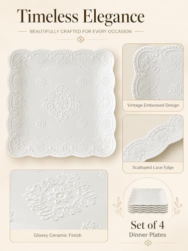 10 Inch Ceramic Dinner Plates Set of 4, White Embossed Dinner Plates with Floral Butterfly Pattern, Scalloped Beaded Rim Plates for Steak, Pasta, Main Course, Holiday Entertaining and Everyday Dining - Image 2
