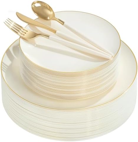 150Pcs Ivory Plastic Plates with Gold Rim,Disposable Plates with Silverware by DaYammiwillaccompanyyou