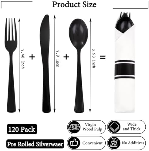 Supernal 120pack Pre Rolled Black Plastic Silverware Set Disposable - Image 3