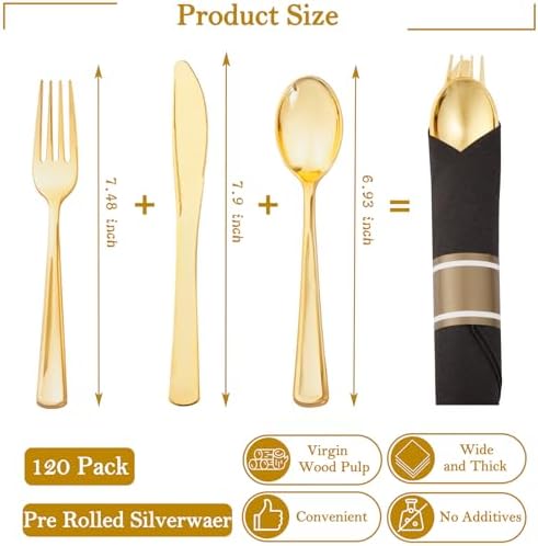 Supernal 120Pack Pre Rolled Black and Gold Plastic Silverware Set - Image 3