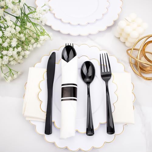 Supernal 60 Pack Pre Rolled Black Plastic Silverware with Napkins Set - Image 6