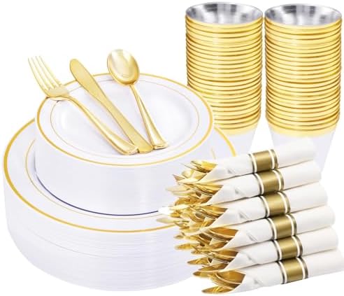WELLIFE 210 Piece Gold Plastic Dinnerware Set, Include: 30 Dinner Plates, 30 Dessert Plates, 30 Pre Rolled Napkins with Silverware and 30 Cups by WELLIFE