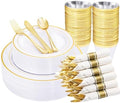 WELLIFE 210 Piece Gold Plastic Dinnerware Set, Include: 30 Dinner Plates, 30 Dessert Plates, 30 Pre Rolled Napkins with Silverware and 30 Cups by WELLIFE