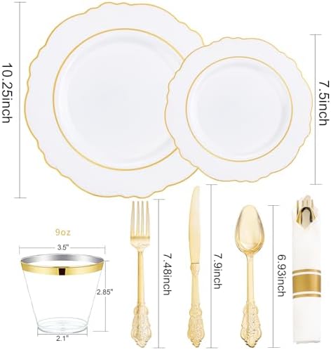 Liacere 175pcs Gold Plastic Plates - White and Gold Disposable, include 50Plates, 25Pack Pre Rolled Napkins with Silverware 25Cups Perfect for Wedding & Party & Holiday & Thanksgiving & Fall Party - Image 5