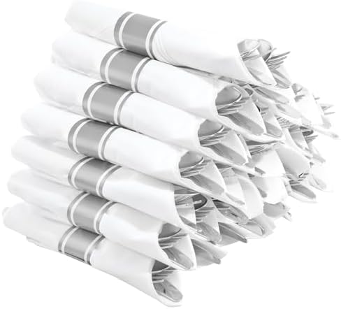 Supernal 30 Pack Pre Rolled Silver Plastic Silverware, Linen Napkin Set by supernal