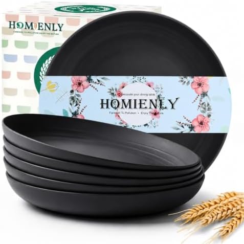 Homienly Wheat Straw Deep Plates 10 Inch Large Dinner Plates Set of 6 Unbreakable & Lightweight Plastic Plates for Salad,Pizza Microwave & Dishwasher Safe Plates Set for Serving,Camping,Dorm (Black) by HOMIENLY