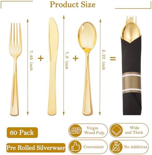 Supernal 60 Pack Pre Rolled Gold Plastic Silverware with Black Napkins Set - Image 2