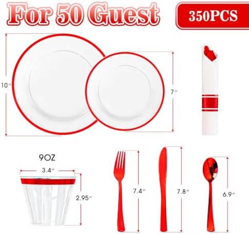 N9R 350PCS Clear Red Disposable Dinnerware Set for 50 Guests - Image 2